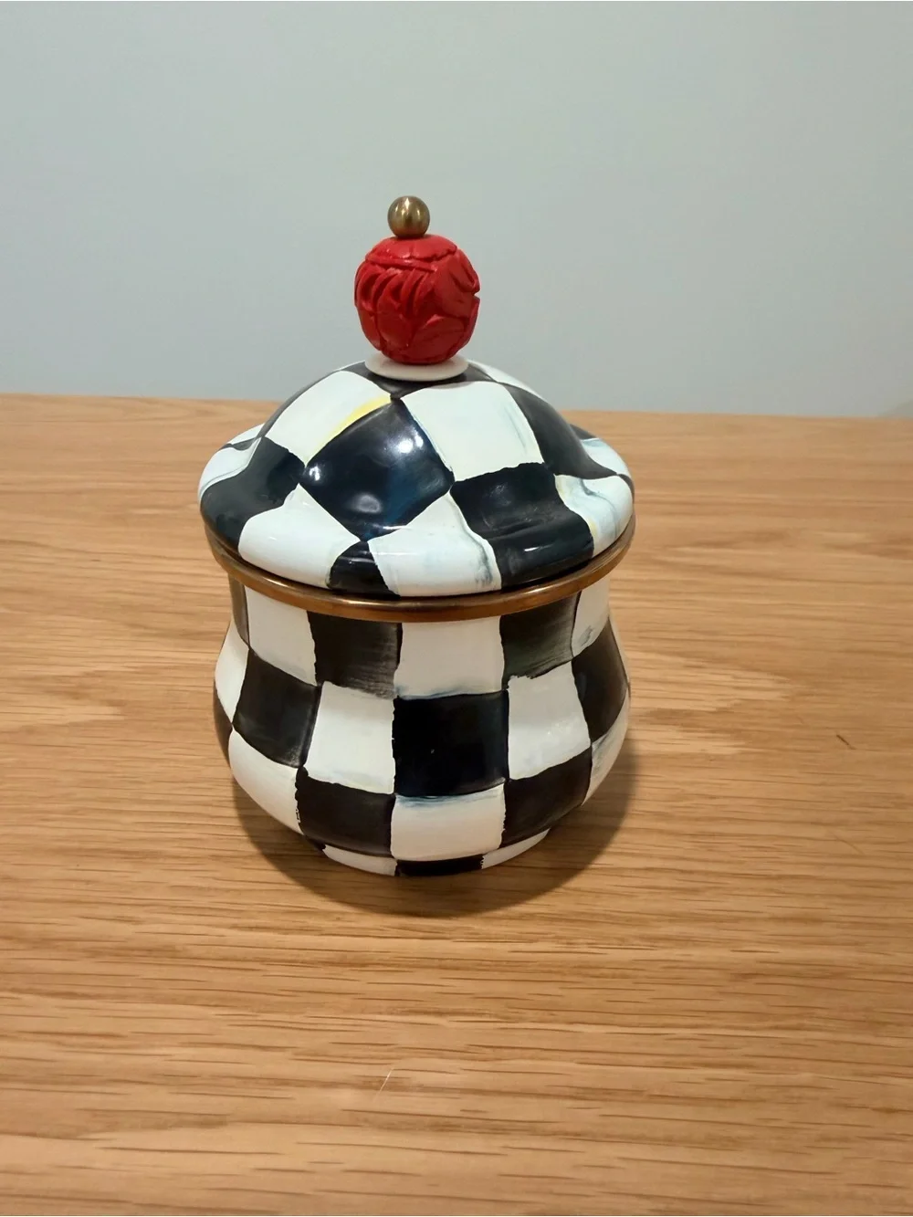 MacKenzie-Childs Black & White Check Ceramic Jar with Red Knob